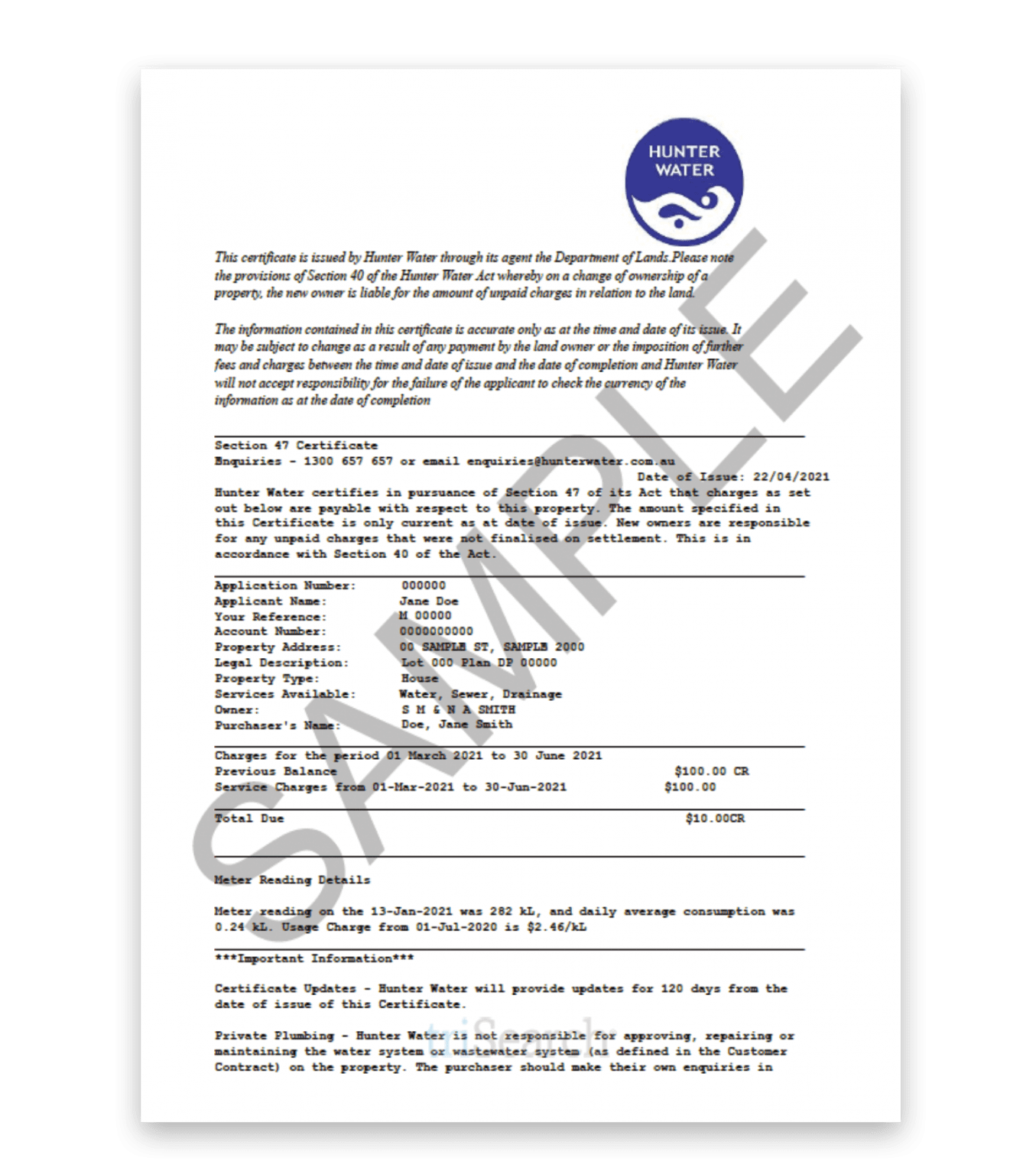 Hunter Water Certificate triSearch