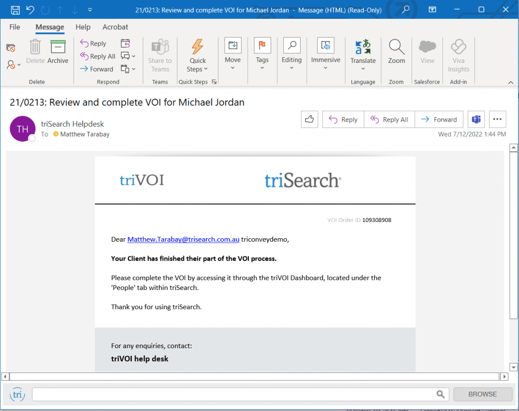Conveyancer email received for finished digital VOI