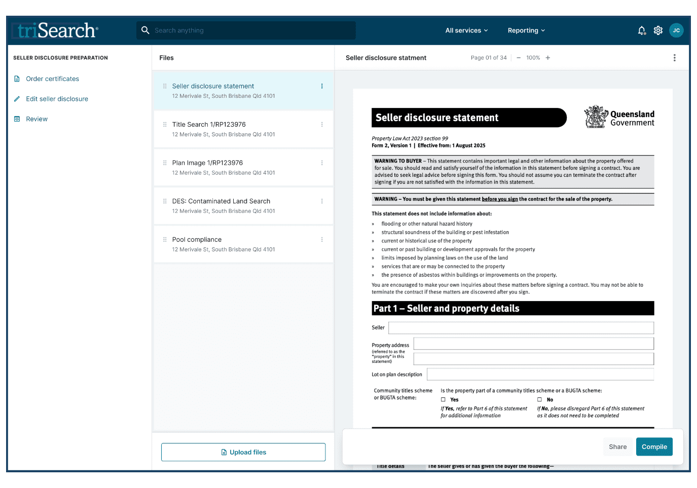Compile the Seller Disclosure statement and certificates into one PDF, and share it via link