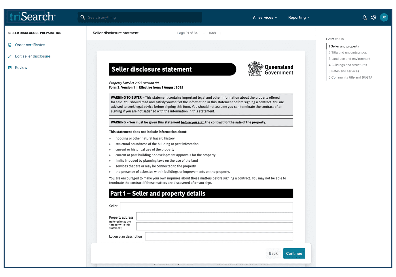 The triSearch Seller Disclosure statement will automatically pre-fill any information available from your triConvey matter