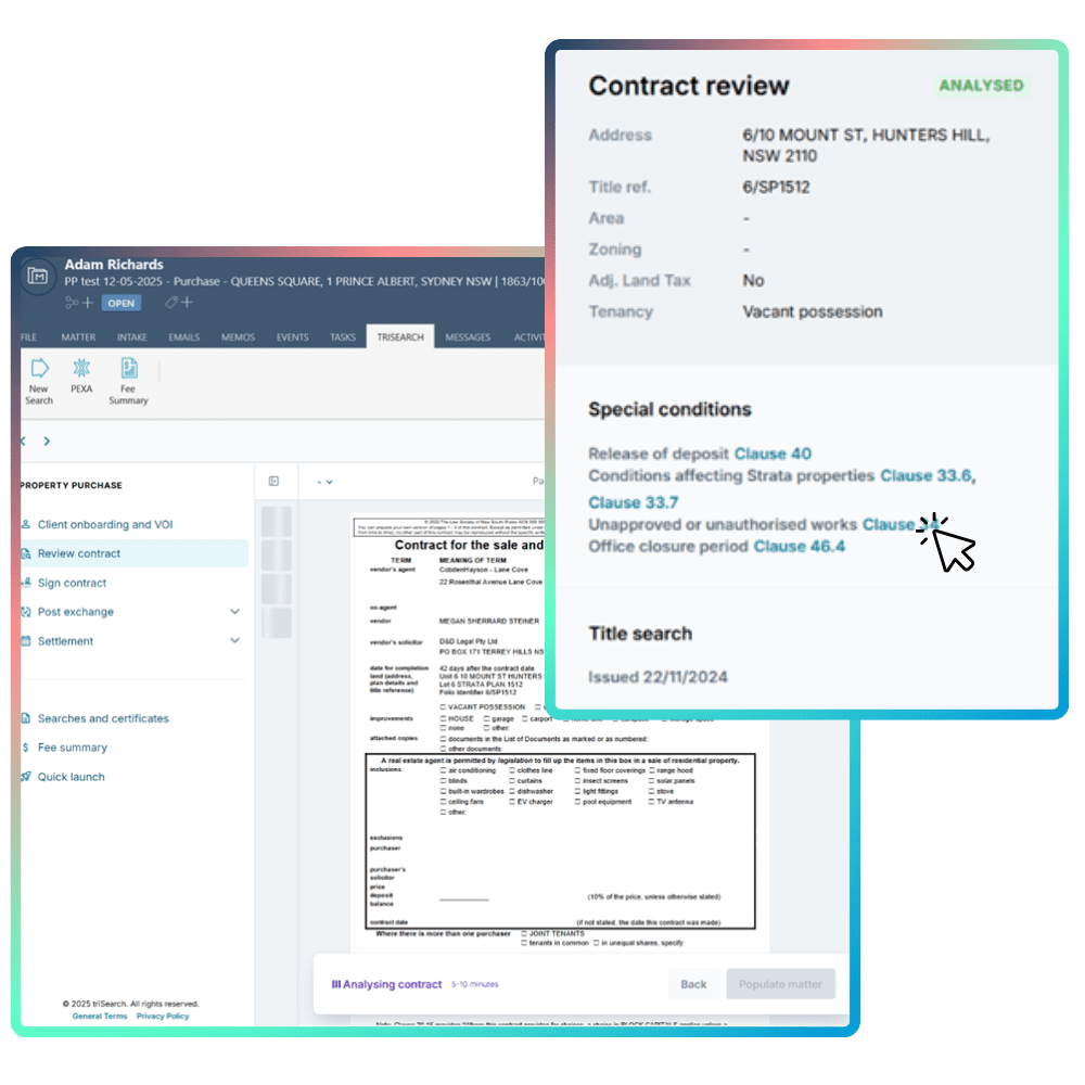 Your AI Assistant will flag information it believes could be a cause for concern, in the right-side panel. It's broken into four sections; General contract information, Special conditions, Title Search & Section 10.7 Certificate. 